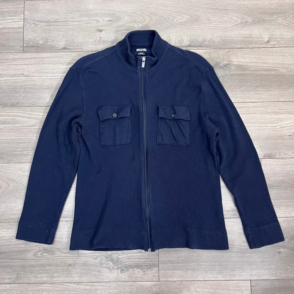 Michael Kors Mens Navy Blue Waffle Knit Full Zip Mock Neck Sweater XL